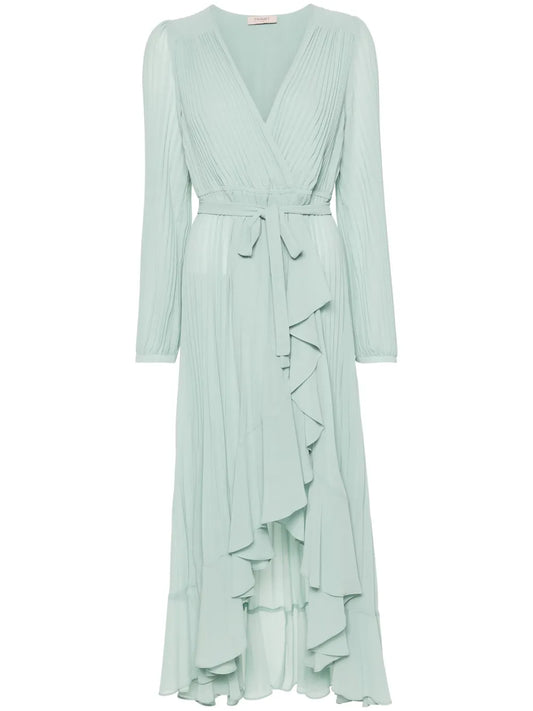 Ruffled-Trim Plissé Maxi Dress