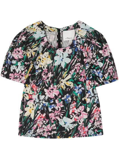 Puff-Sleeve Button-Detail Cotton Top