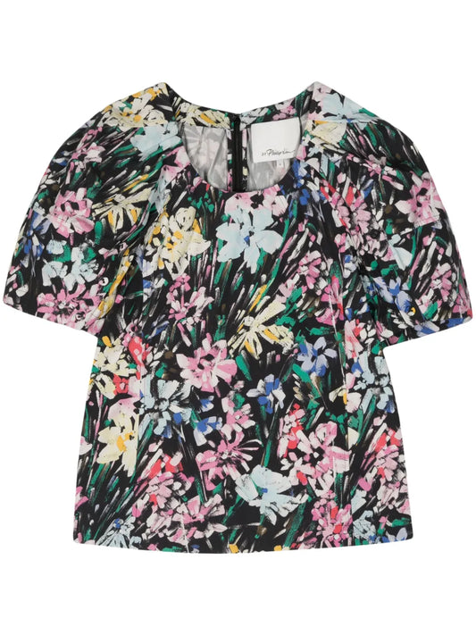 Puff-Sleeve Button-Detail Cotton Top