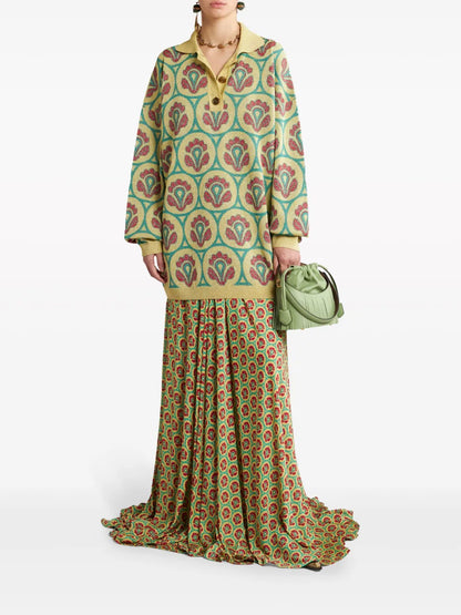 Floral-Jacquard Polo Jumper