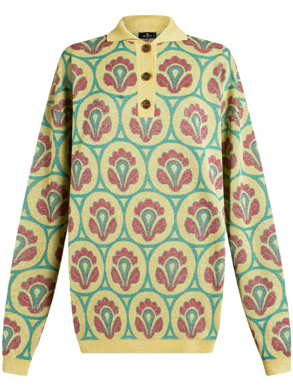 Floral-Jacquard Polo Jumper