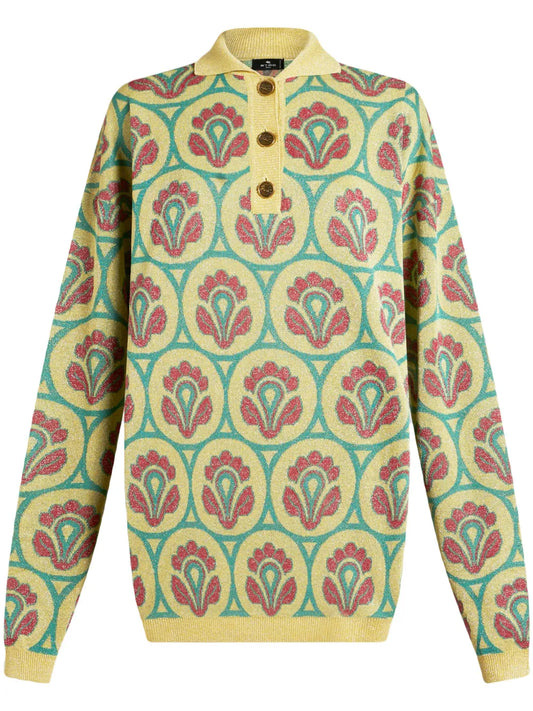 Floral-Jacquard Polo Jumper