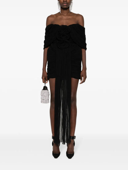 Off-Shoulder Plissé Mini Dress