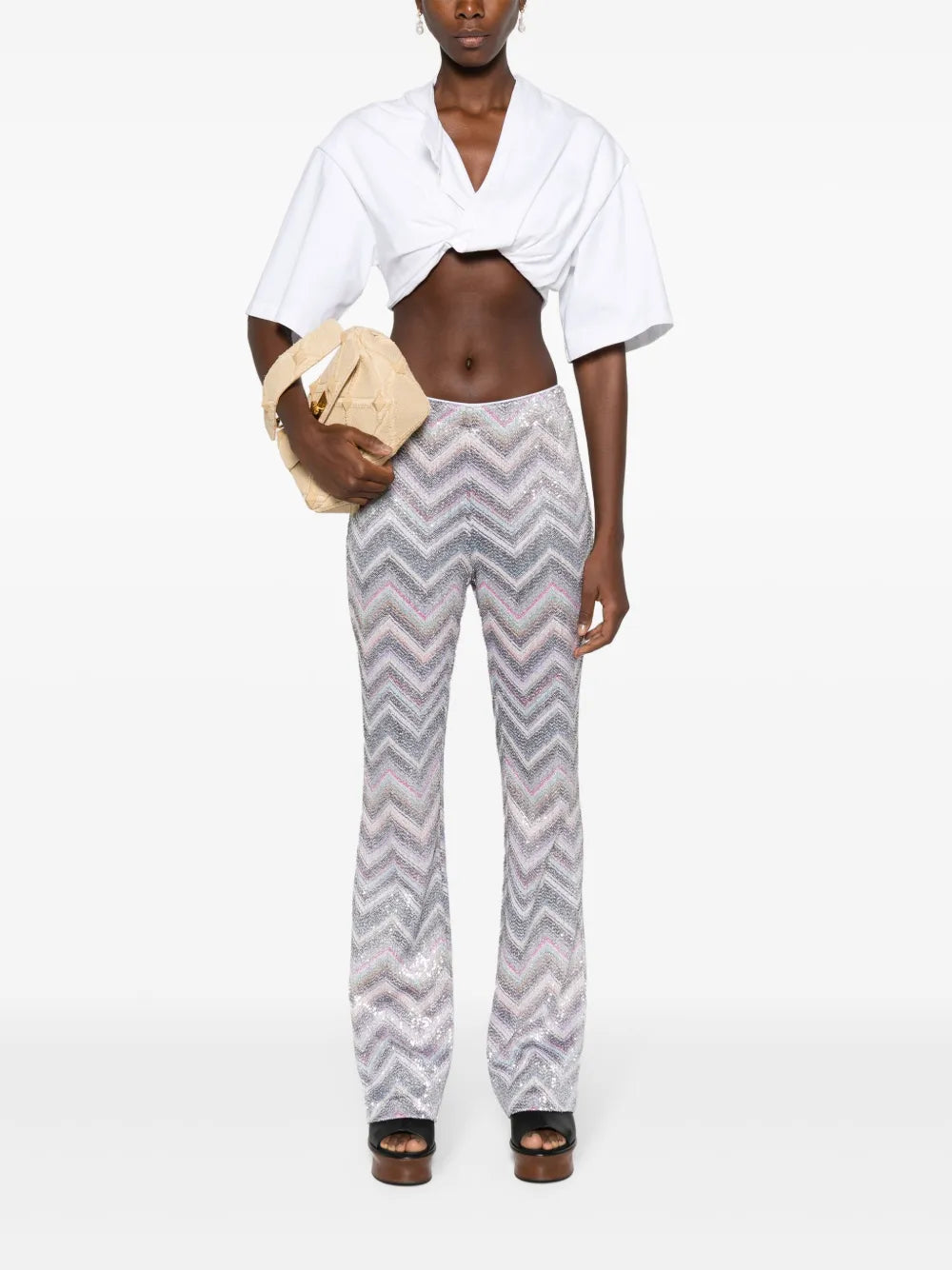 Sequinned Zigzag-Woven Flared Trousers