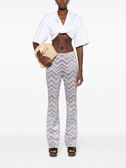 Sequinned Zigzag-Woven Flared Trousers