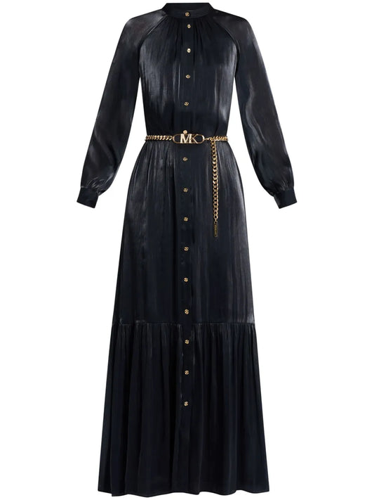 Long-Sleeve Belted Maxi Shirtdress