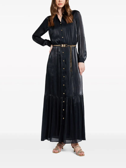 Long-Sleeve Belted Maxi Shirtdress