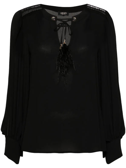 Crochet-Trim Crepe Blouse