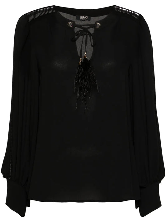 Crochet-Trim Crepe Blouse