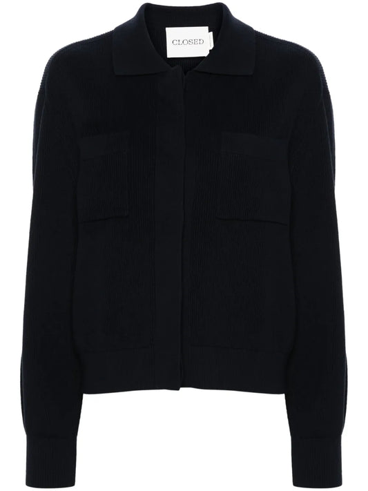 Polo-Collar Ribbed Cardigan
