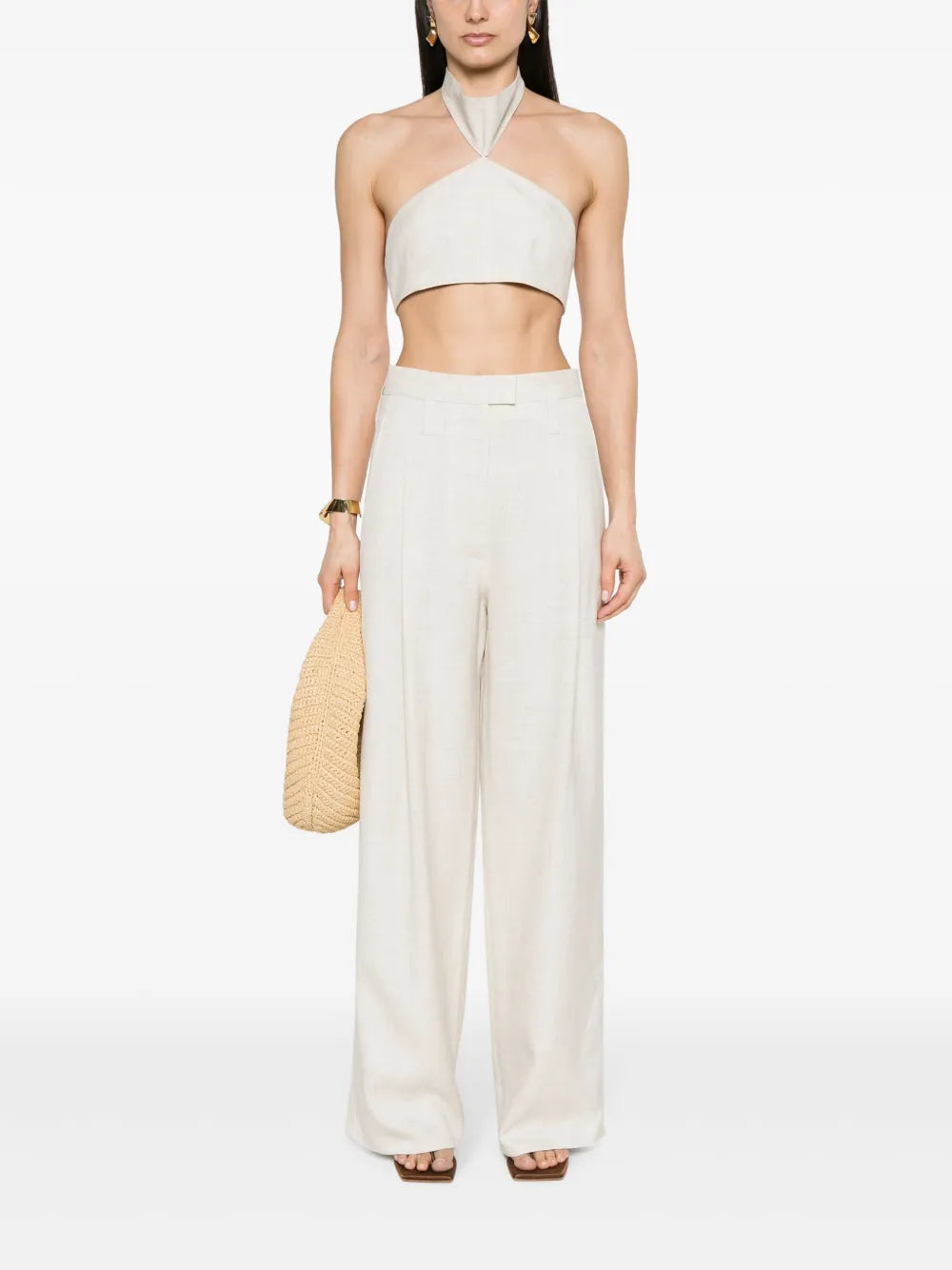 Slub Pleated Straight Trousers