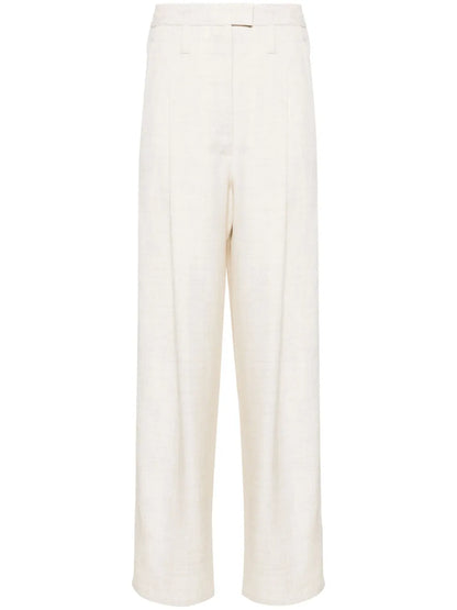 Slub Pleated Straight Trousers