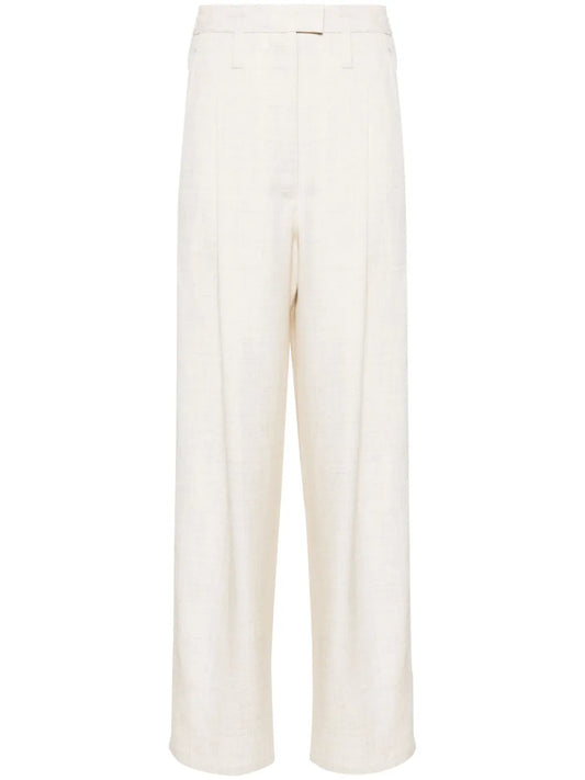 Slub Pleated Straight Trousers