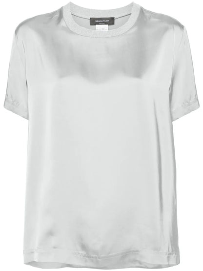 Contrast-Neck Satin Blouse