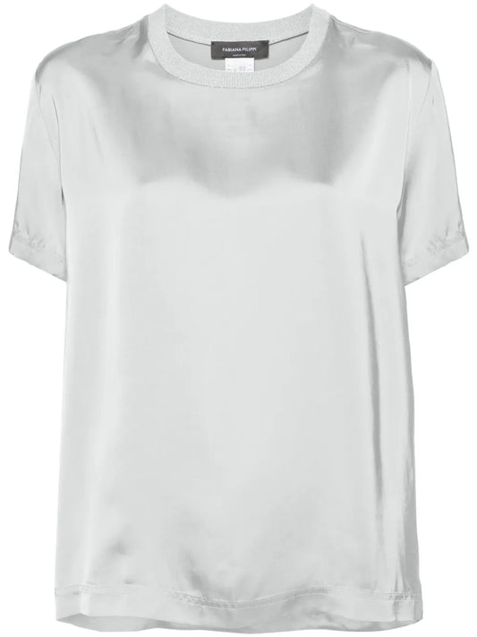 Contrast-Neck Satin Blouse