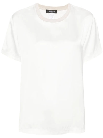 Contrasting-Neck Satin Blouse