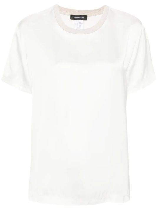Contrasting-Neck Satin Blouse