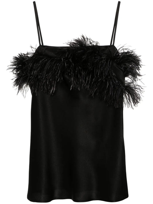 Feather-Trim Satin Top