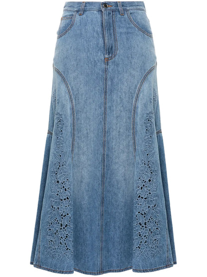 Floral-Embroidered Denim Midi Skirt
