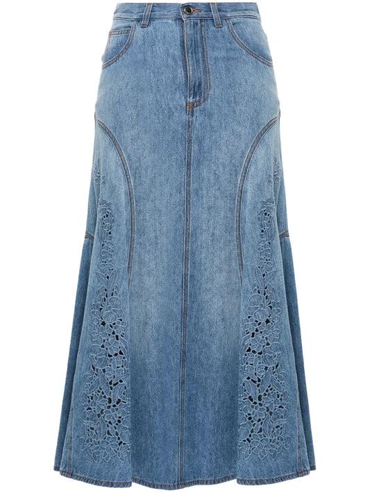 Floral-Embroidered Denim Midi Skirt