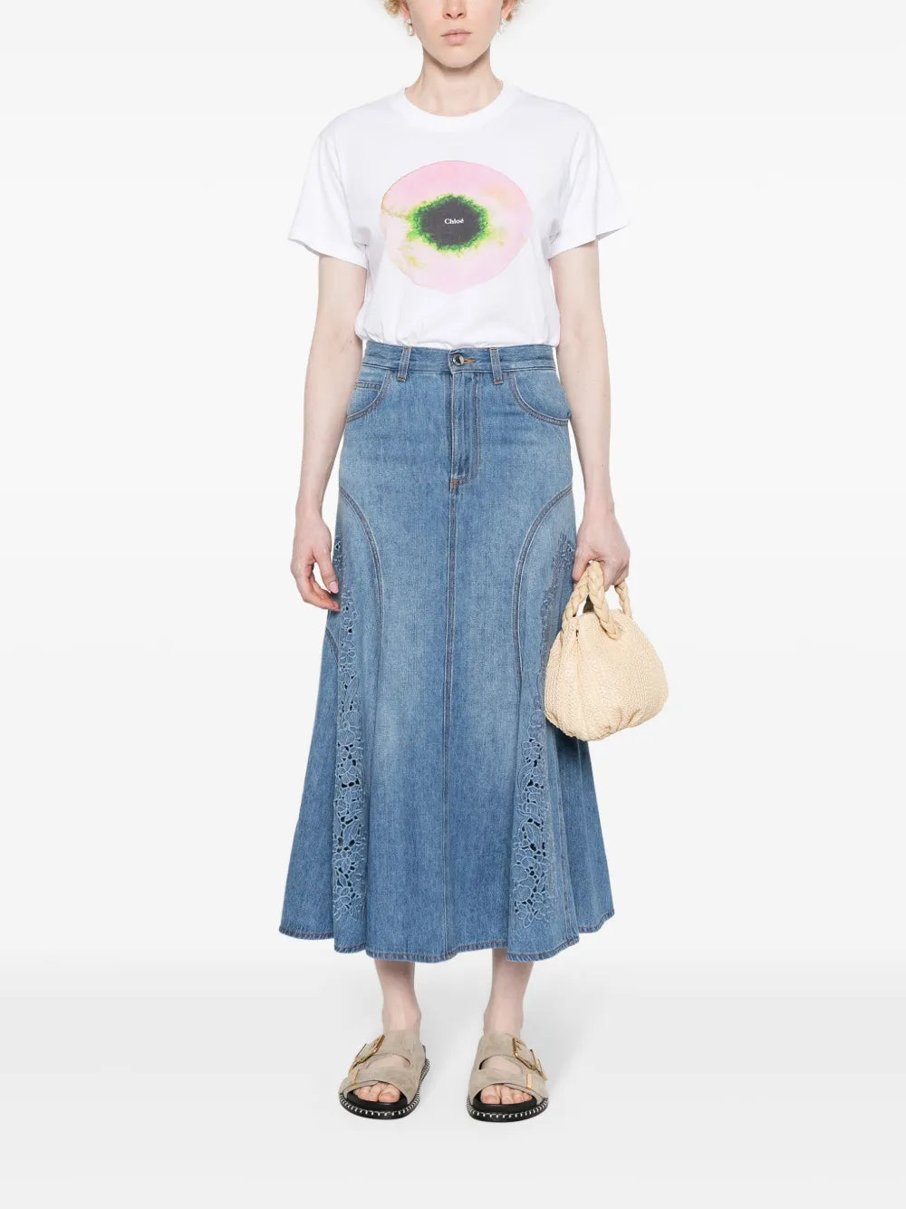 Floral-Embroidered Denim Midi Skirt