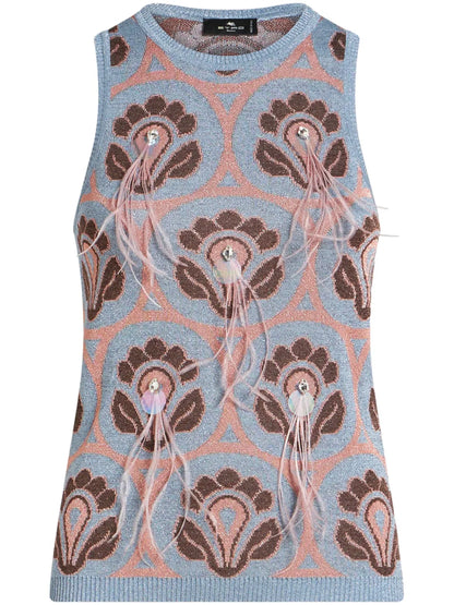 Feather-Embellished Jacquard Top