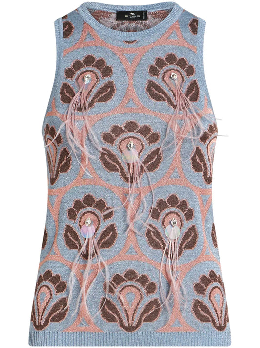 Feather-Embellished Jacquard Top