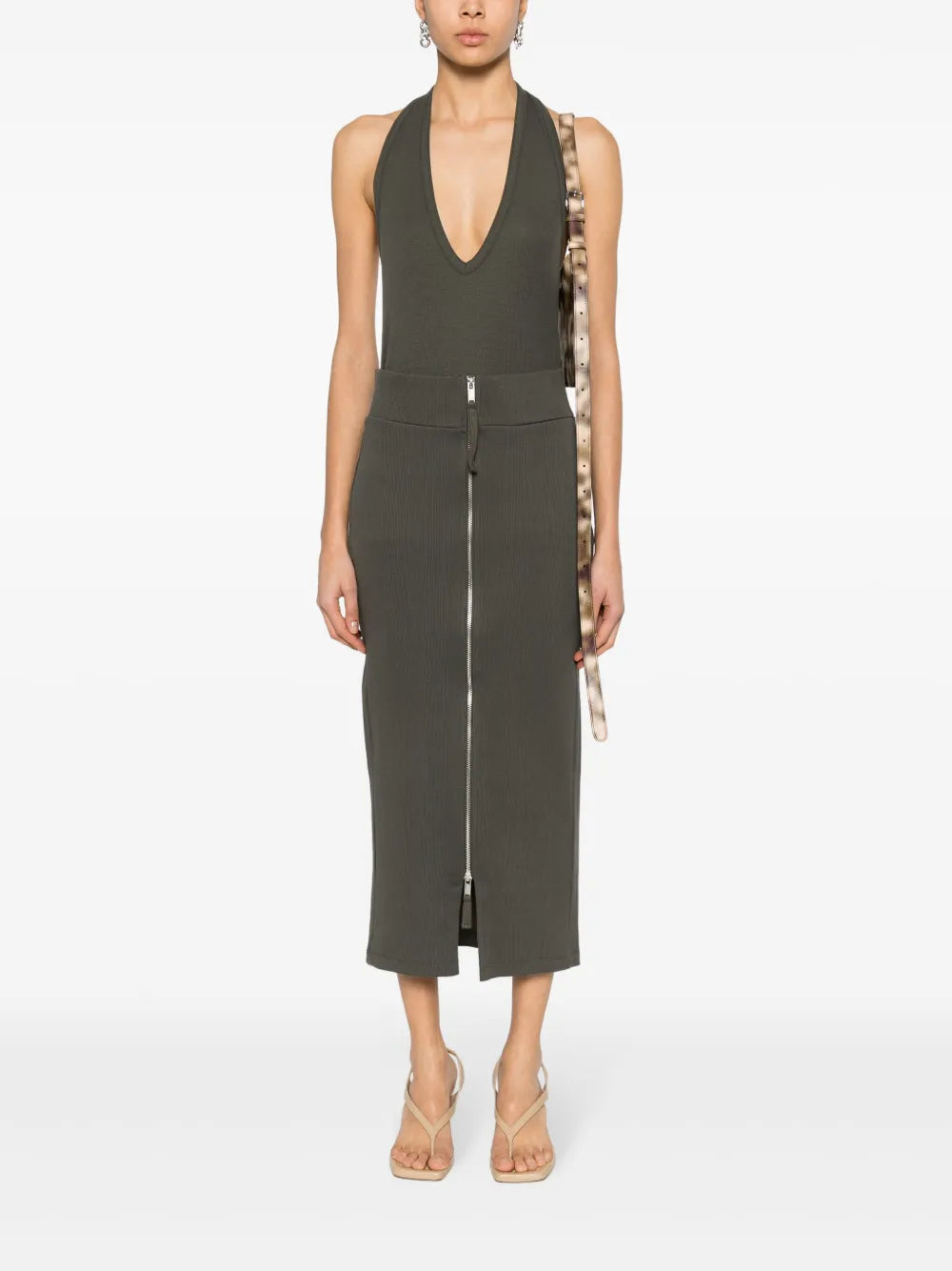 Fine-Ribbed Zipped Midi Skirt