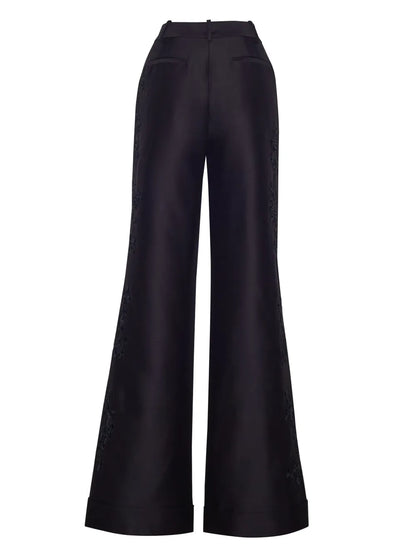 Deeda Embroidered Wool-Silk Blend Flared Trousers