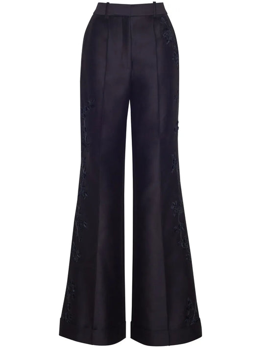 Deeda Embroidered Wool-Silk Blend Flared Trousers