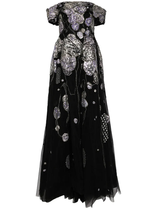 Off-Shoulder Beaded Tulle Dress