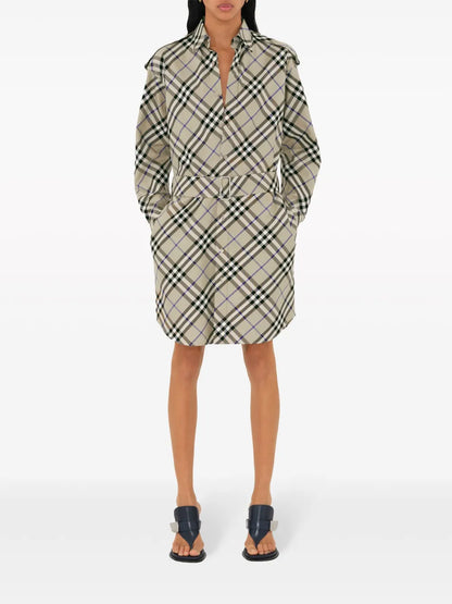 Vintage Check-Print Cotton Shirt Dress
