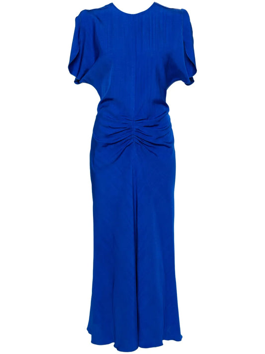 Gathered-Detailed Textured Midi Dress