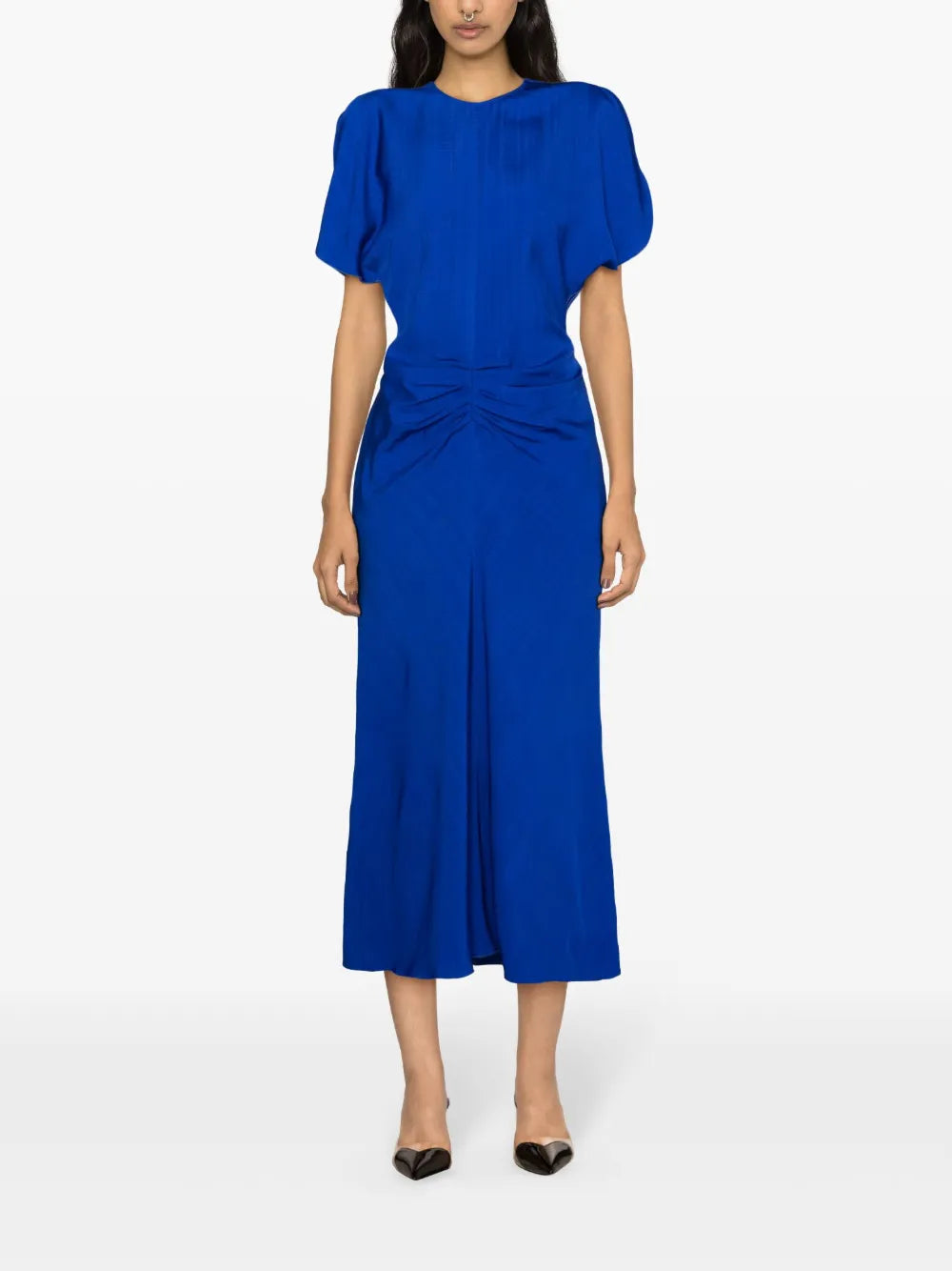 Gathered-Detailed Textured Midi Dress