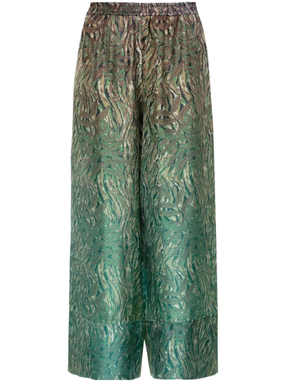 Leaf-Print Silk Trousers