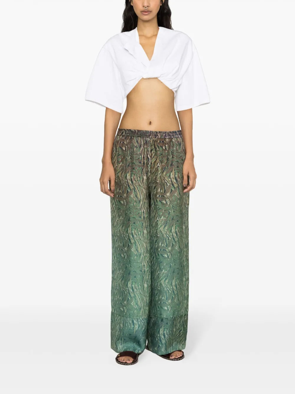 Leaf-Print Silk Trousers