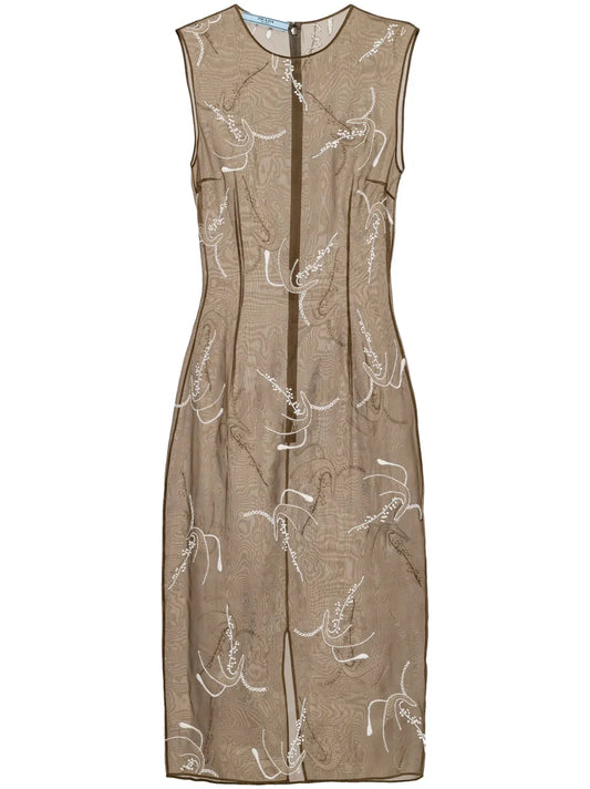 Embroidered Sheer Silk Midi Dress