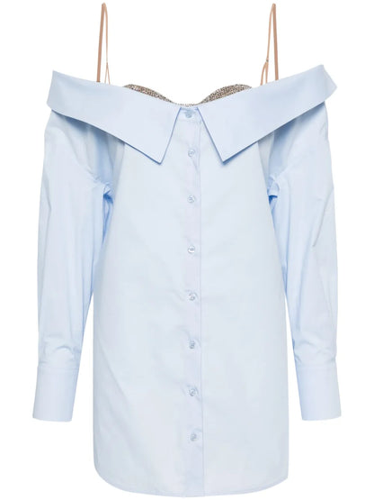 Rhinestoned V-Nek Poplin Shirt