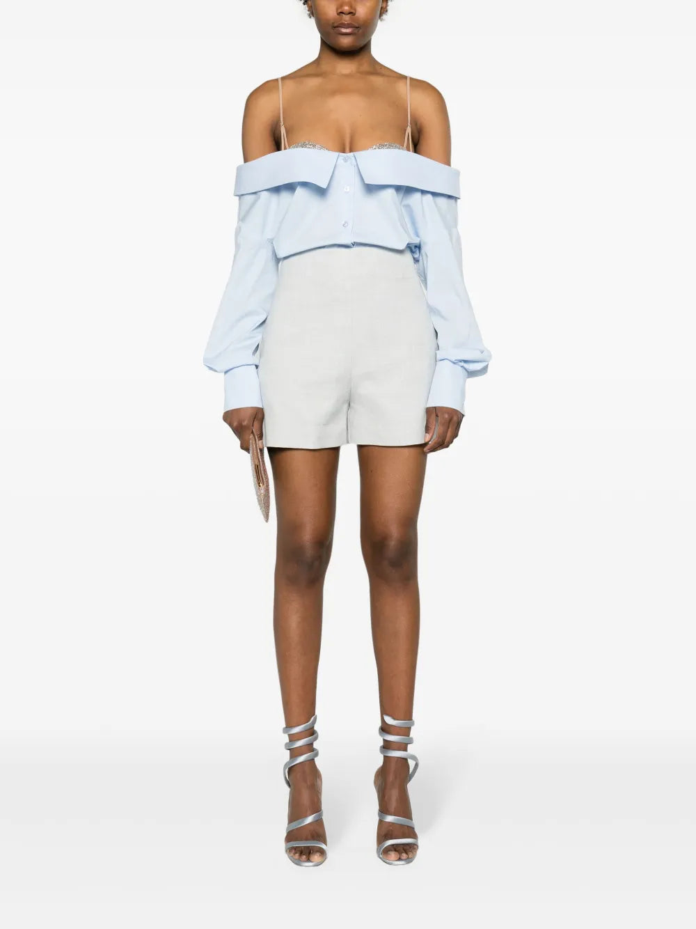 Rhinestoned V-Nek Poplin Shirt