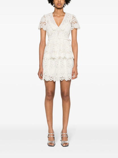 Floral-Macramé Belted Minidress