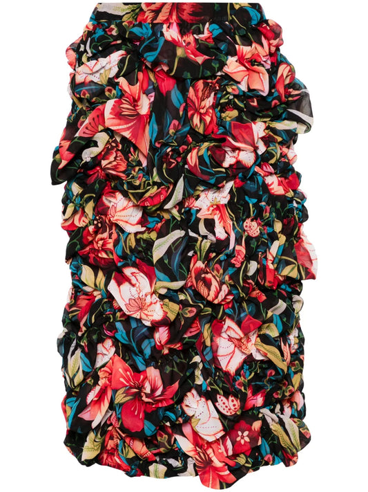 Floral-Print Ruched Midi Skirt