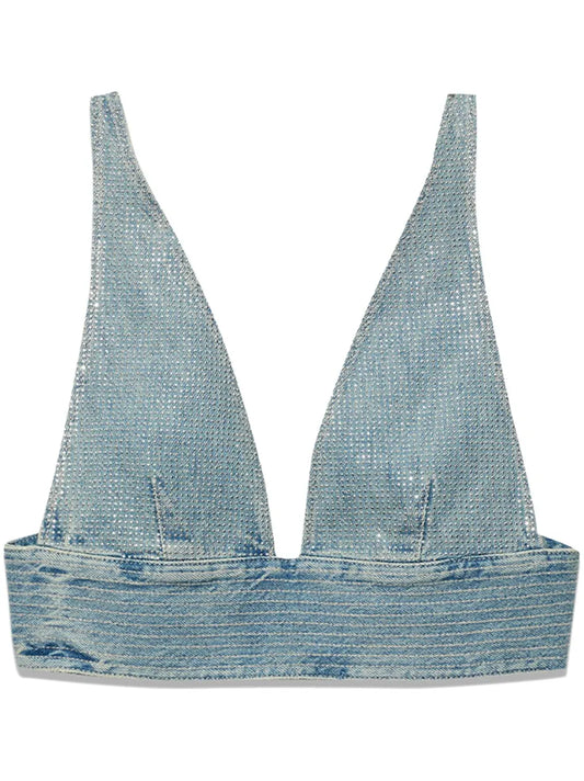 Rhinestone-Embellished Denim Crop Top