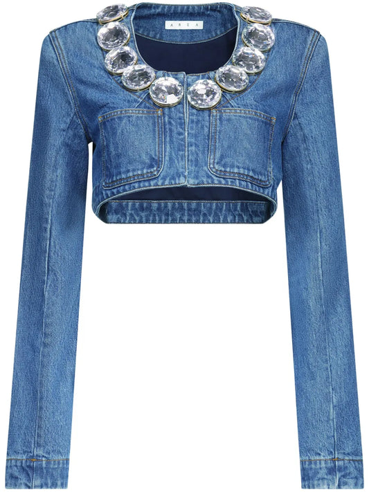 Crystal-Embellished Cropped Denim Jacket