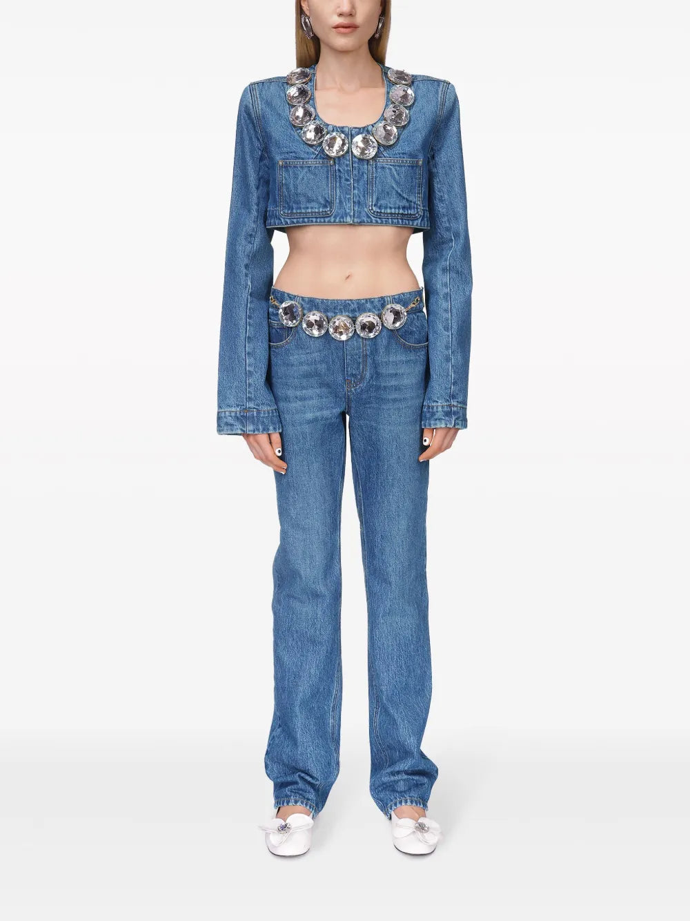 Crystal-Embellished Cropped Denim Jacket
