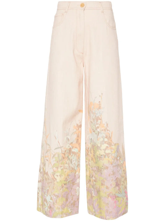 Floral-Print Wide-Leg Jeans