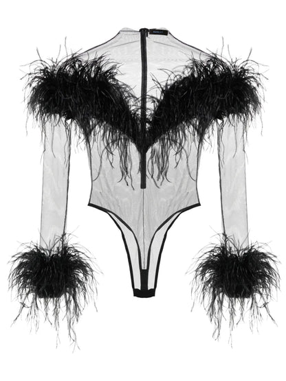 Feather-Trim Mesh Bodysuit