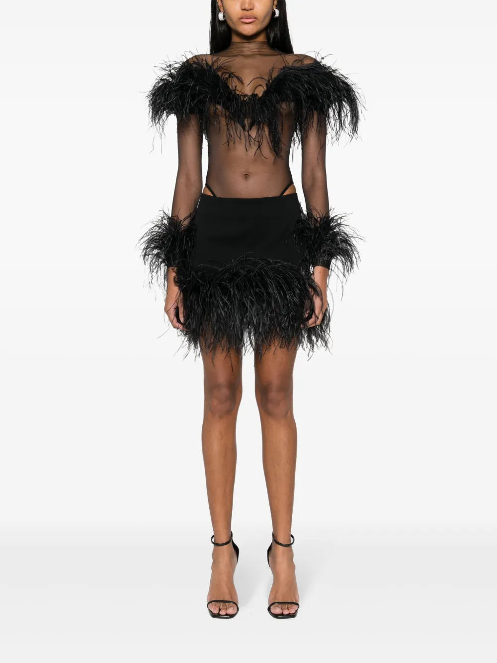 Feather-Trim Mesh Bodysuit