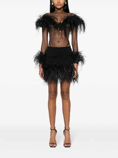 Feather-Trim Mesh Bodysuit