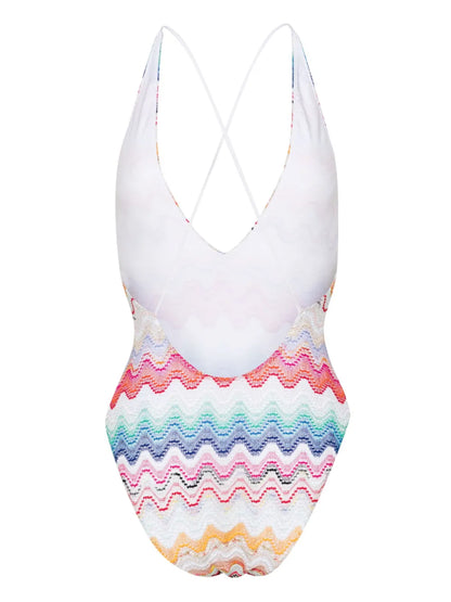 Wave-Pattern V-Neck Swimsuit