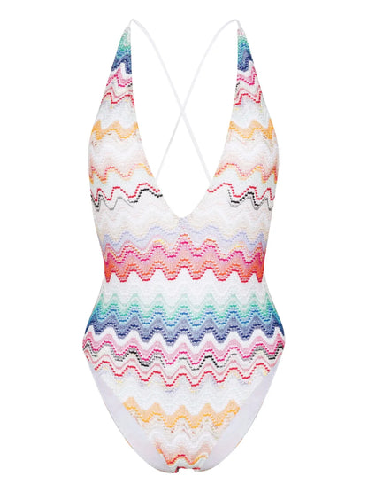 Wave-Pattern V-Neck Swimsuit